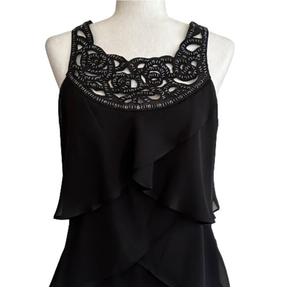 SLNY Dress Black Chiffon Beaded Neckline Sleeveless Tiered Ruffle Size 10 NEW - Picture 3 of 12